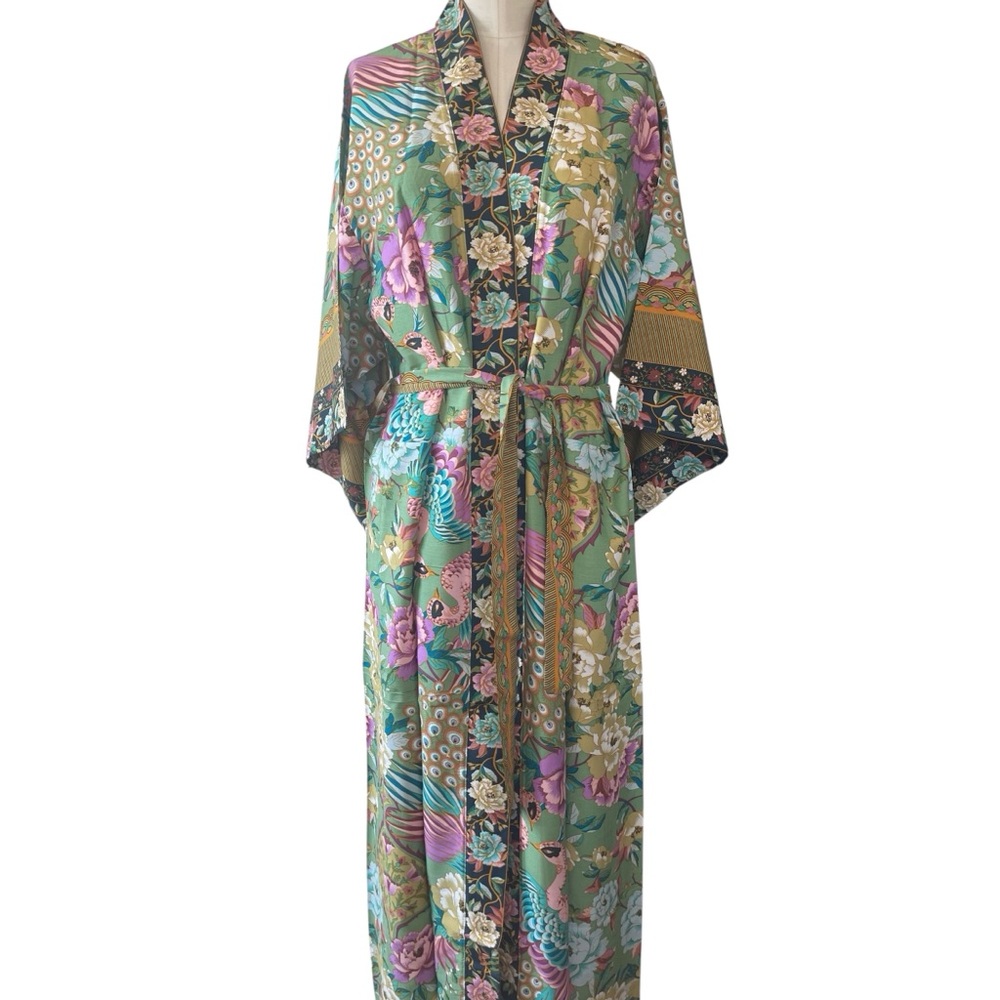 ❤️ NEW! Boho Floral x Peacock Full Length Tie Waist Kimono - Picture 2 of 7